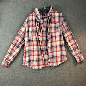 Quiksilver Mens Flannel Shirt Hooded Large L‎ Red Blue Plaid Casual